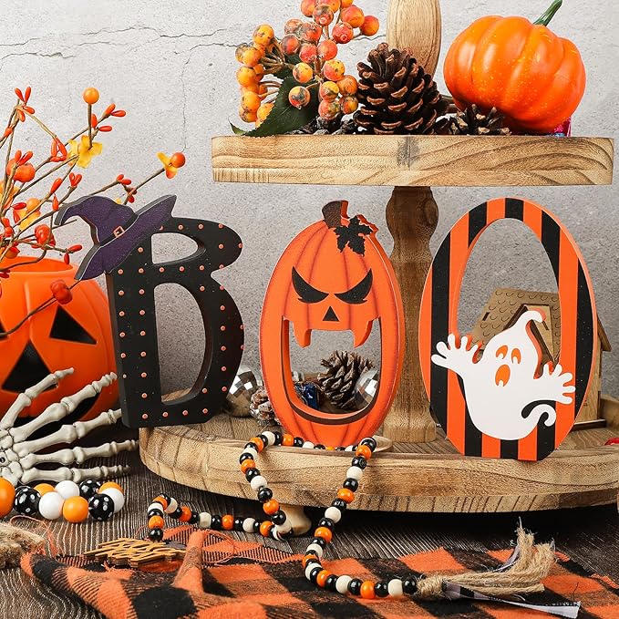 COCHIE BOO Signs Halloween Table Decorations Indoor, Retro Halloween Black Orange Tiered Tray Decor Set of 3, Wooden Happy BOO Day Decoration Sign for Party Home Shelf Display (Ghost)
