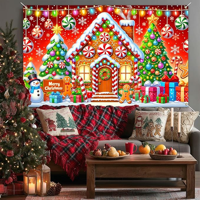 Gingerbread House Backdrop 71x43 Inches Christmas Candy Scene Banner Holiday Party Photo Background Merry Christmas Backdrop for Photography Indoor Outdoor Winter Decorations