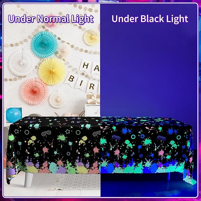 3 Pack UV Reactive Neon Glow Tablecloths 108x54 Inch - Activated Party Table Covers Decoration for Glow-in-the-Dark Events, Birthday Raves & UV Night