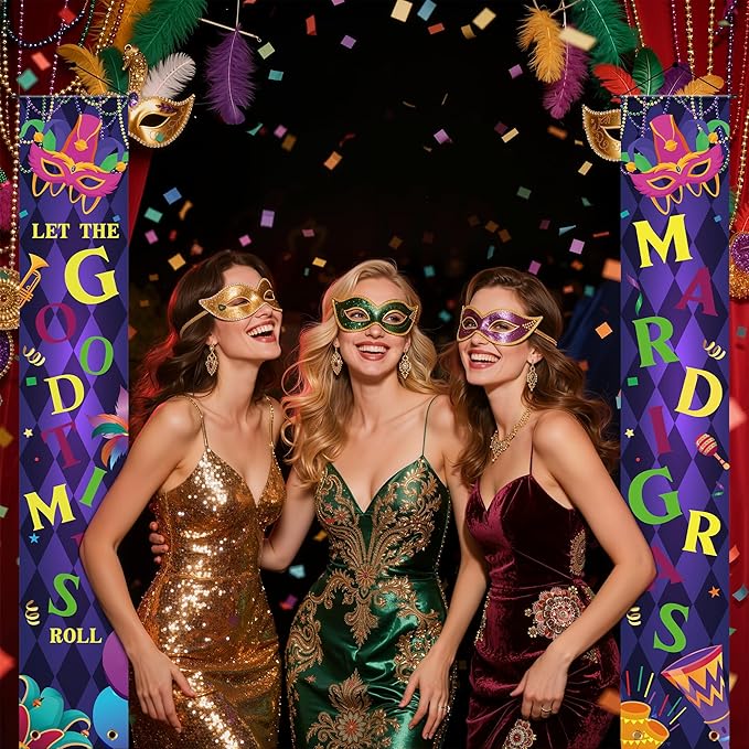 OHOME Mardi Gras Decorations - Masquerade Party Porch Banner | Mardi Gras Decorations for Indoor Outdoor Outside - New Orleans Party Holiday Hanging Backdrop Sign Favors Supplies for Home Wall Door