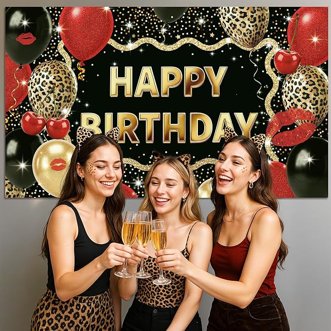 Leopard Happy Birthday Backdrop 5 x 3 Ft Cheetah Print Birthday Decorations Backdrop Banner with Cheetah Balloons Print, Red Leopard Party Decorations for Wall, Photography Background