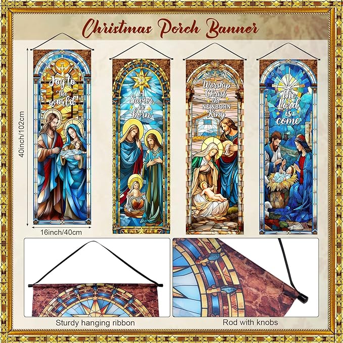 Panelee 4 Pcs Nativity Scene Banner Religious Christmas Backdrop Holy Nativity Stained Glass Style Wall Decorations Jesus Porch Sign for Xmas Indoor Outdoor Church Wall Hanging Decor