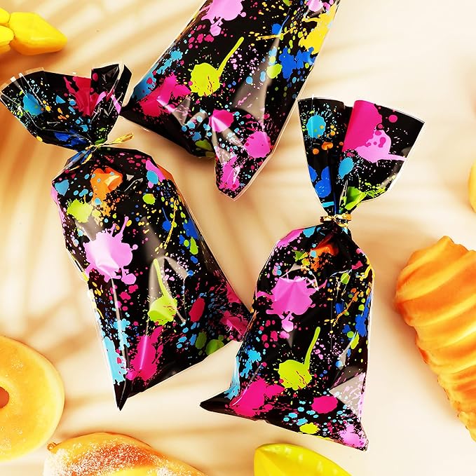 100 Pcs Neon Glow Party Candy Bags Plastic Treat Bags 10.6 x 4.8 Inch Colorful Goodie Bags Glow in the Dark Party Gift Bags Supplies Favors Slime Party with 100 Pieces Twist Ties Decorations