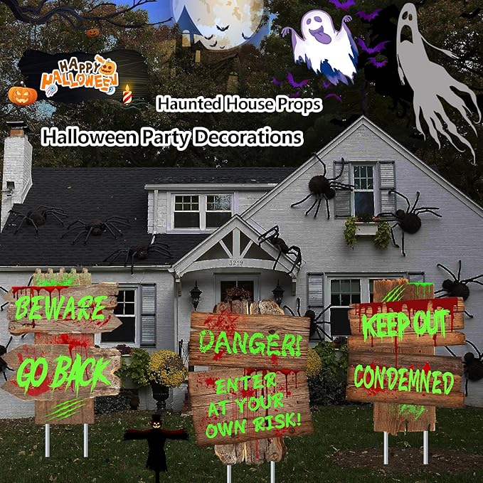 Halloween Decorations Beware Signs Yard Stakes Outdoor Creepy Assorted Warning Sign,Scary Zombie Theme Party Decor Supplies,3 Pieces