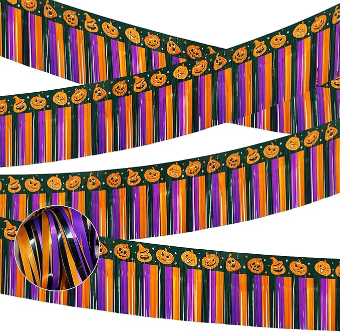 4 Pack 39Ft Halloween Parade Floats for Trailer Car, Pumpkin Foil Fringe Garland Tinsel Streamers Banner Table Skirts for Graduation Homecoming Birthday Halloween Party (Pumpkin)