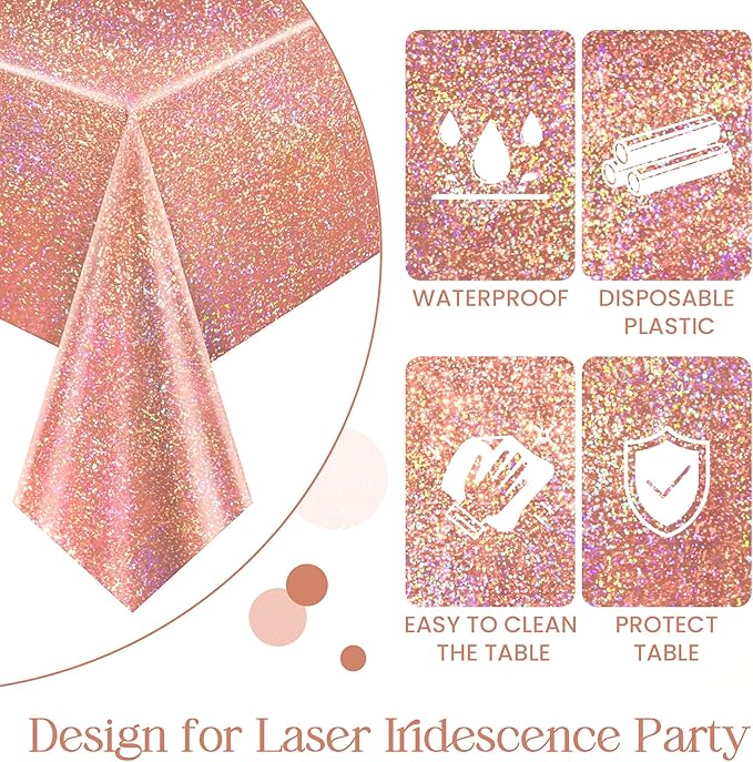 4 pcs Rose Gold Holographic Table Cloth 40" x 108" Shiny Bachelorette Party Decorations Plastic Laser Sparkly Tablecloth Glitter Table Decor for Wedding Anniversary Event Birthday Party Supplies