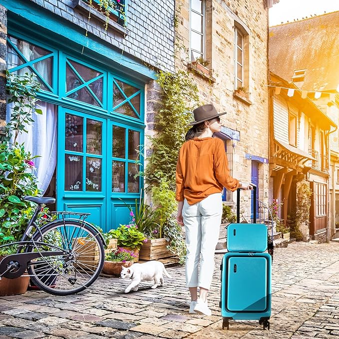 TRAVELARIM 20 Inch Carry On Luggage 22x14x9 Airline Approved, Carry On Suitcase with Wheels, Hard-shell Carry-on Luggage, Durable Luggage Carry-On, Teal Small Suitcase with Cosmetic Case