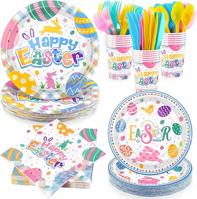 Kochorie 168 Pieces Easter Paper Plates and Napkins Colorful Happy Easter Bunny Egg Party Supplies Include Disposable Paper Plates Cups Napkins Plastic Cutlery for Spring Holiday Party Decor Serves 24