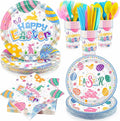 Kochorie 168 Pieces Easter Paper Plates and Napkins Colorful Happy Easter Bunny Egg Party Supplies Include Disposable Paper Plates Cups Napkins Plastic Cutlery for Spring Holiday Party Decor Serves 24