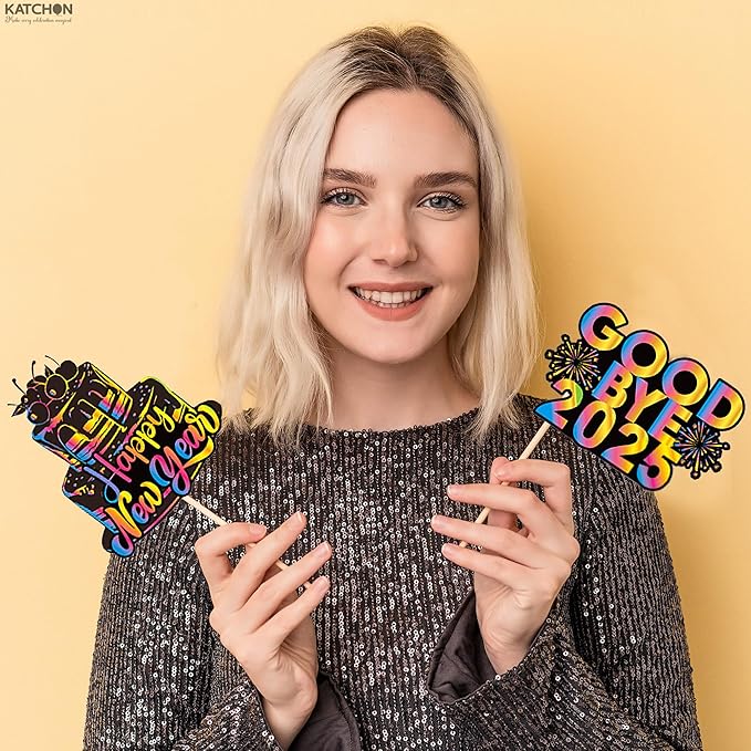 KatchOn, New Years Photo Booth Props 2026 - Pack of 30 | Neon New Years Eve Photo Booth Props for Happy New Years Decorations 2026 | New Years Eve Party Supplies 2026 | NYE Decorations 2026