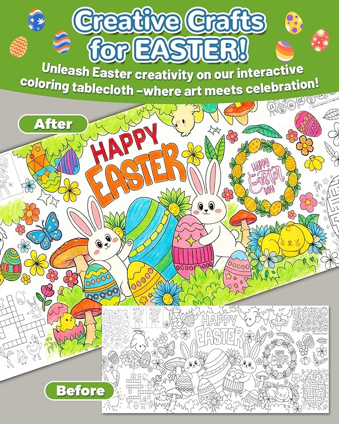 ATFUNSHOP Easter Giant Coloring Tablecloth 35" x 75" - Easter Crafts for Kids, Jumbo Paper Banner & Poster, Coloring Games & Party Activities - DIY Decorations & Gifts Games & Festive Decor