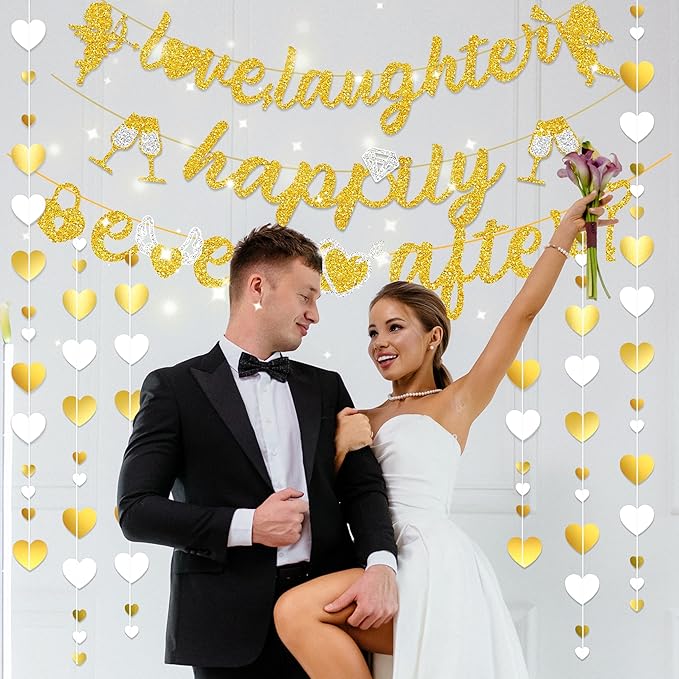 Pre-Strung Glitter Wedding Banner with Heart Garland, Wedding Shower Decorations for Bachelorette Bridal Shower Just Married Engagement Party