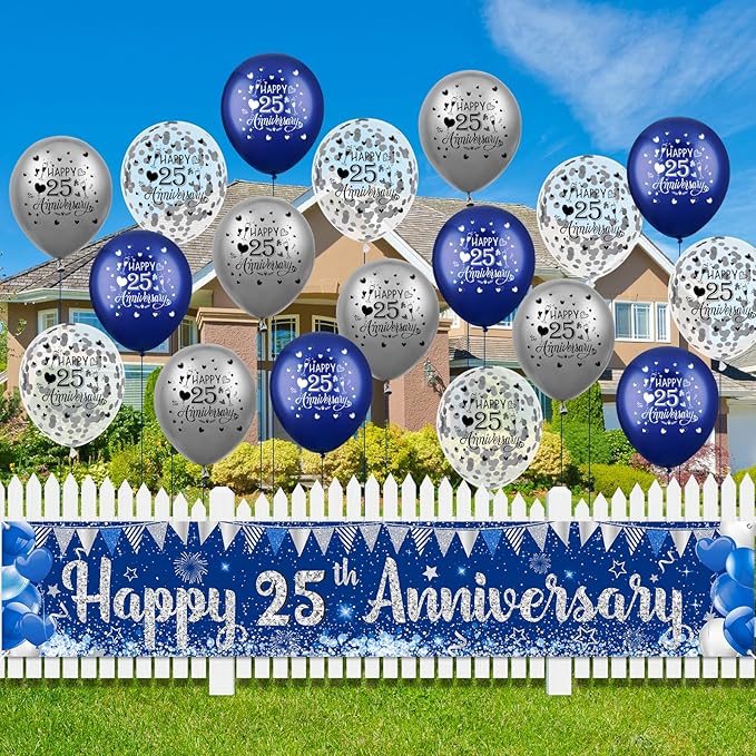 Blue Silver 25th Anniversary Decorations for Men Women, Blue Happy 25th Anniversary Banner and 18Pcs Balloons for 25 Years Silver Wedding Party Decoration Supplies