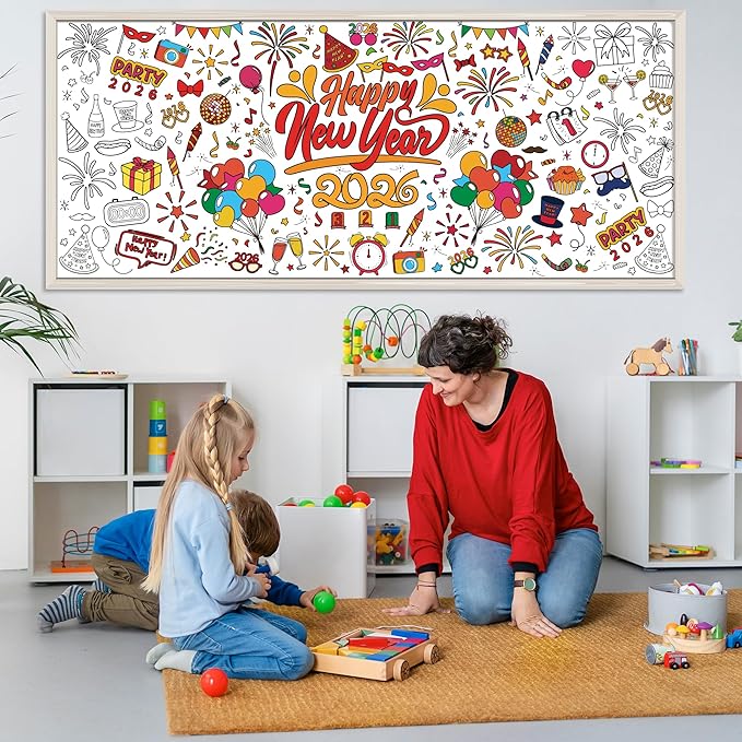 OHOME Happy New Year Giant Coloring Poster/Tablecloth - New Years Decorations 2026-30 x 72 Inches Jumbo Coloring Banner Kids Crafts Activities Party Decorations | New Years Eve Party Supplies