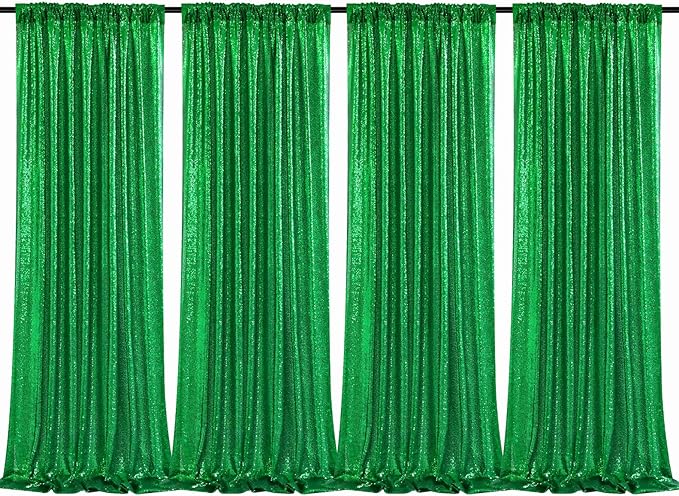 B-COOL Green Backdrops 4 Panels 2ftx8ft Sequin Backdrop Curtains Fabric Shiny Backdrop Fabric Dark Green Stage Backdrop Drapes Party Decorations