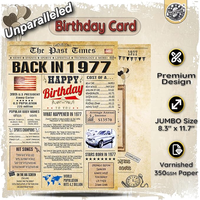 49th Birthday Card for Women Men - Back In 1977 Newspaper - 49 th Happy BIRTHDAY card - 49 birthday gift for Her Him - JUMBO size - 49th birthday decorations Dad Mom - Best gifts for 49 year old