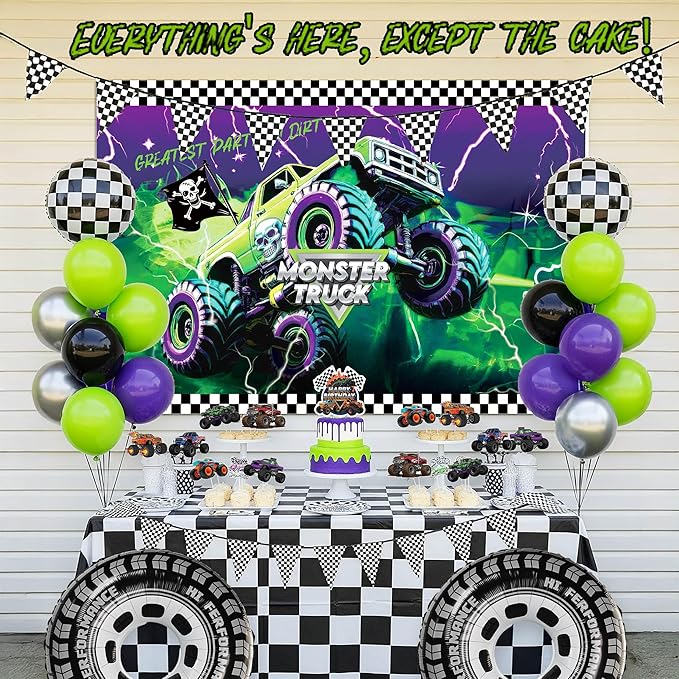Monster Truck Theme Birthday Decorations include Purple Green Black Balloons Ribbon Arch Cake Paper Card Toppers Tablecloth Backdrop Truck Birthday Decor for Boys Racing Party Decoration Supplies