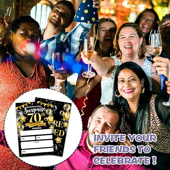 Surprise 70th Birthday Party Invitation, Black and Gold Fill-In Invites For Adult Woman & Man, 20 Invitations With Envelopes(4" x 6"), Party Favors Decorations And Supplies-05