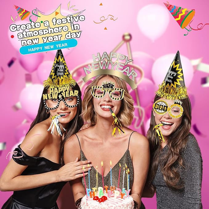 48 Pack Happy New Year Party Favor Set with New Year Headband Paper Eyeglasses Cone Hats and Glitter Fringed Noisemakers for New Year Eve Party Favors