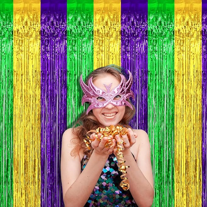 4 Pack 3.2Ft x 9.8Ft Mardi Gras Foil Fringe Curtain Backdrop, Gold Green Purple Metallic Tinsel Foil Fringe Streamers Curtains Background for Photo Booth, Birthday, Wedding, Carnival Party Decoration