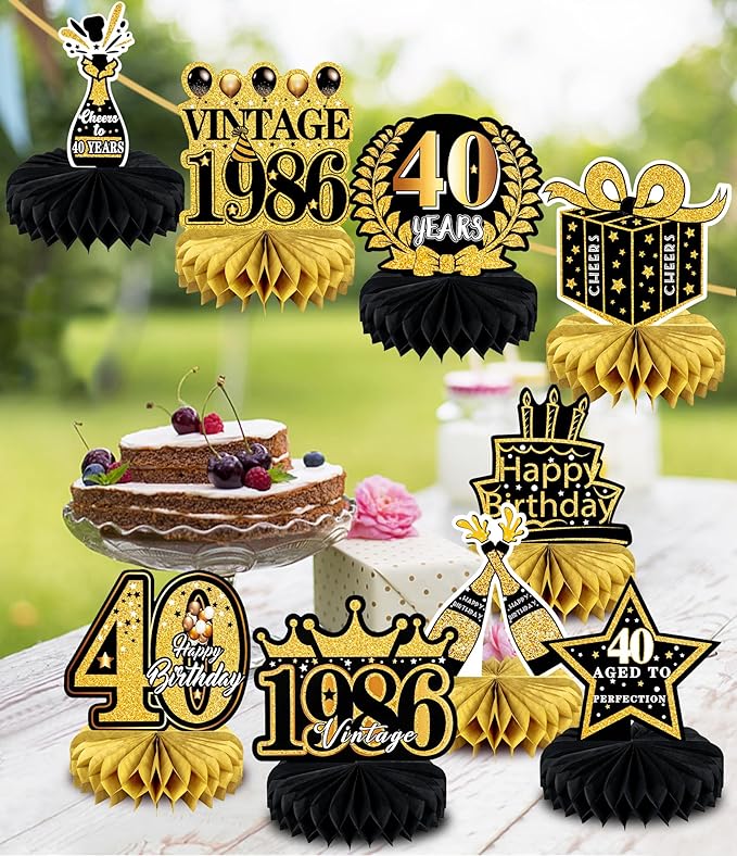 9 Pcs 40th Birthday Decoration for Men Women Happy 40th Birthday Table Decorations Cheers to 40th Honeycomb Centerpieces Birthday Party Decorations Black and Gold 40th Birthday Party Favors