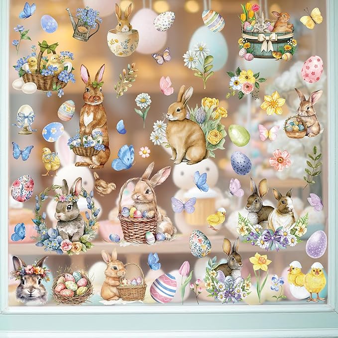 9 Sheets Easter Window Clings, 87 PCS Watercolor Easter Party Decorations with Bunny Egg Flower, Double Sided Egg Window Decals Stickers for Spring Decor Home Office Party Supplies