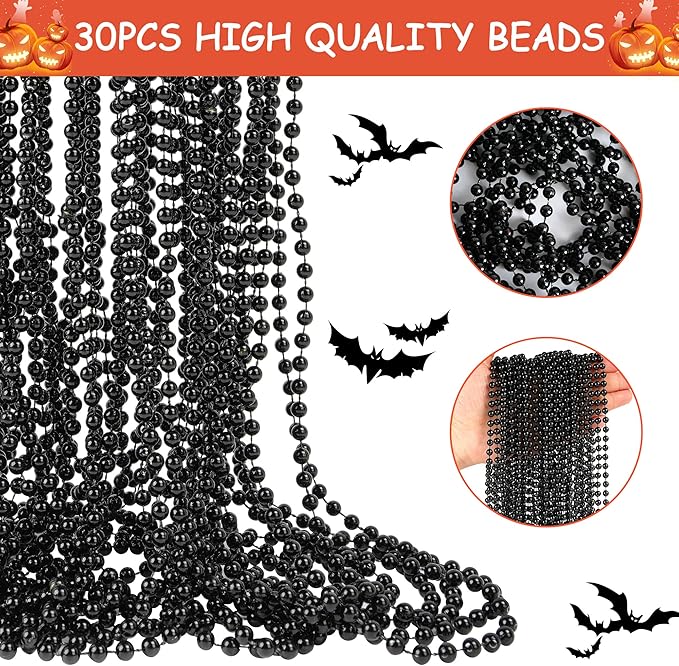 HOOSUN 30 Pack Halloween Bead Necklace Party Decorations Supplies,Black Bead Necklace,Halloween Costumes Accessories for Women Men Kids,Mardi Gras Beads Necklaces for Party,School Event,Parade Throw