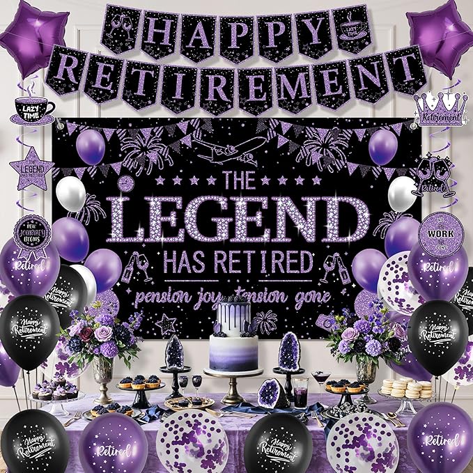 Roetyce Retirement Party Decorations Women, Black and Purple Happy Retirement Banner Backdrop Balloons Hanging Swirls for Coworker, Lengend Has Retired Sash & Crown, Office Retired Background