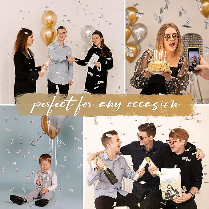 PrimePure Confetti Cannon Party Poppers - Biodegradable Money Confetti Poppers - 6 Pack - Mini 100 Dollar Confetti Party Poppers Shooters for Events, Birthday, Celebrations