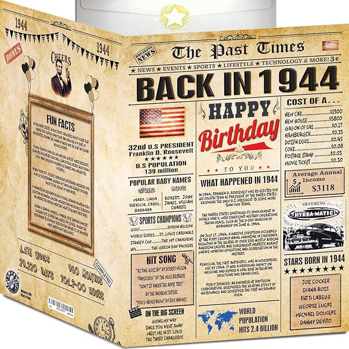 82nd Birthday Cards for Men & Women - Back In 1944 Newspaper (Bday Card + Envelope) Large HAPPY BIRTHDAY Decorations for Her Him Vintage Funny card for Wife Husband & Grandparents 82 years