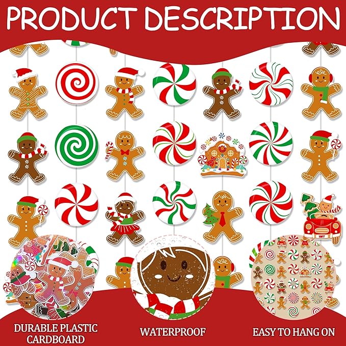 Gingerbread Man Hanging Garlands 8PCS Christmas Party Supplies Christmas Candy Cane Peppermint Hanging Paper Garlands Gingerbread House Banner for Boys Girls Xmas Santa Claus Holiday Decor