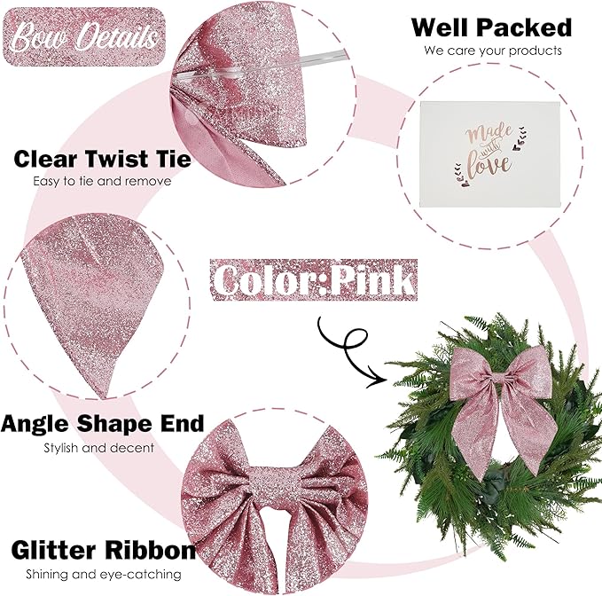 AIMUDI Pink Glitter Wired Ribbon Bows with Twist Tie 5.5" Premade Metallic Christmas Bows for Gift Wrapping, Wreath, Garland, Holiday Crafts Party Home Outdoor Christmas Tree Decorations, 12 PCs