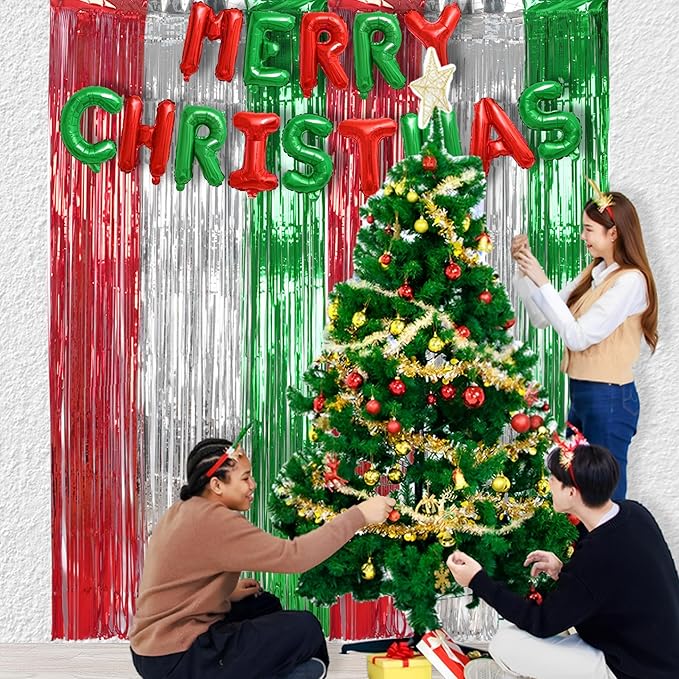 BRAVESHINE 2 Pack Fringe Backdrop Red Silver Green Christmas Party Decorations 3.2 x 6.6 ft Tinsel Foil Curtain Streamer for Valentines Day/Engagement/Bridal Shower/Birthday/Italian Party Decorations