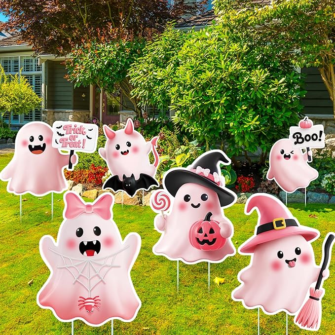 MISS FANTASY Halloween Yard Decorations - Pink Halloween Decorations Halloween Ghost Yard Stakes Outdoor Hallowe'en Yard Signs Outdoor Decorations Cute Ghost Witch Pumpkin Boo Bat Sign for Lawn Garden