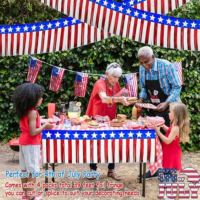 4 Pack 39Ft 4th of July Parade Floats for Trailer Car, Flag Stripes and Stars Foil Fringe Garland Tinsel Streamers Banner Table Skirts for 4th of July Graduation Homecoming Birthday Party (Star)
