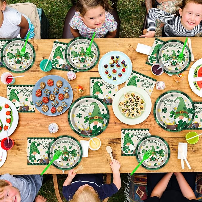 Wiooffen 96 Pcs St. Patrick’s Day Plates and Napkins Green Shamrock Gnome Lucky Tableware Set Irish Festival Party Supplies Table Decorations for 24 Guests