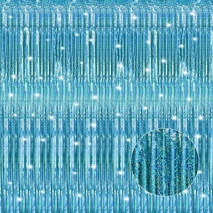 2 Pack Laser Blue Foil Fringe Curtains Streamers Party Decorations 3.3 x 8.2 ft, Blue Tinsel Curtain Fringe Backdrop for Parties, Door Fringe Birthday Streamers, Photo Booth Backdrops, Party Decor