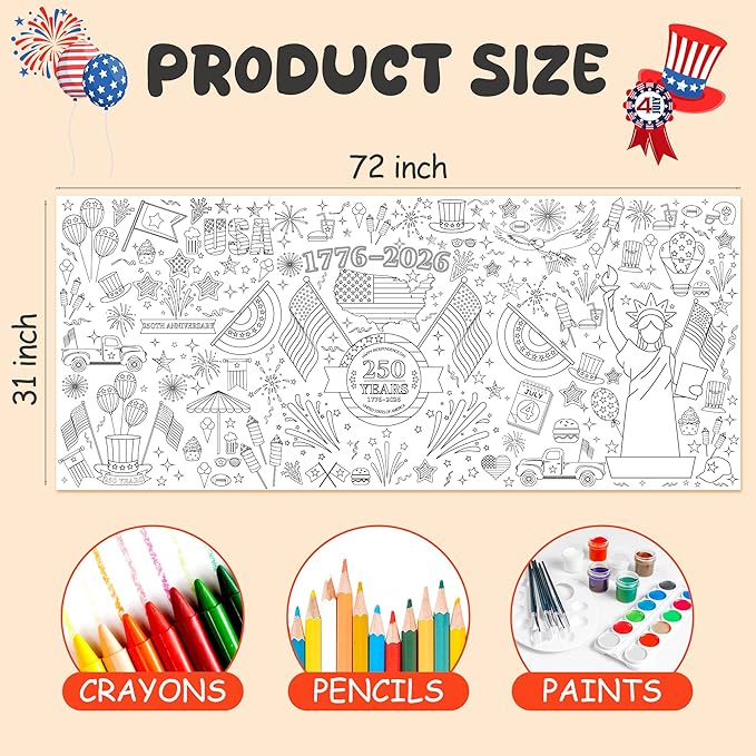 OHOME 4th of July Giant Coloring Poster/Tablecloth - 250 America Anniversary USA Decorations,Kids July 4th Crafts Games Activities Toys Decor Party Decor for Classroom School