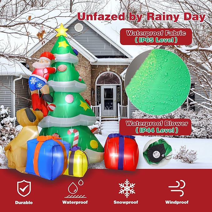 7FT Christmas Inflatable Tree Giant with Dog Bite Santa Claus 3 Wrapped Gift Boxes, Bright LED Lights Christmas Outdoor Decorations Blow Up Decor for Xmas Indoor Party Yard Patio Garden Lawn