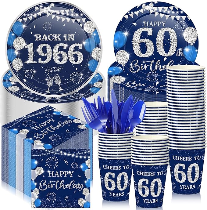240 Pcs 60th Birthday Decorations 1966 Birthday Party Tableware Include Plates Napkins 9oz Cups Cutlery 60th Anniversary Party Supplies for Men Women Him Her, Serve 30 Guests (Blue Silver)