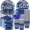 240 Pcs 60th Birthday Decorations 1966 Birthday Party Tableware Include Plates Napkins 9oz Cups Cutlery 60th Anniversary Party Supplies for Men Women Him Her, Serve 30 Guests (Blue Silver)