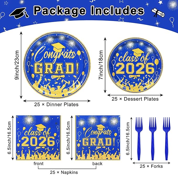100 Pcs Graduation Plates and Napkins Party Supplies Set,Serves 25 Guests Blue Gold 2026 Graduation Plates and Napkins,Disposable Paper Tableware Set for Graduation Party Decorations