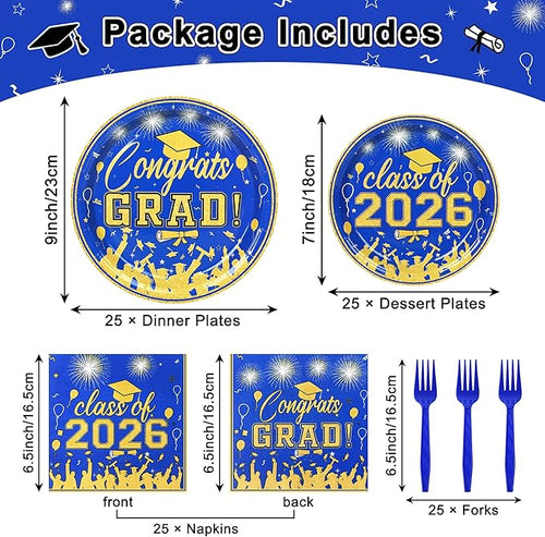 100 Pcs Graduation Plates and Napkins Party Supplies Set,Serves 25 Guests Blue Gold 2026 Graduation Plates and Napkins,Disposable Paper Tableware Set for Graduation Party Decorations