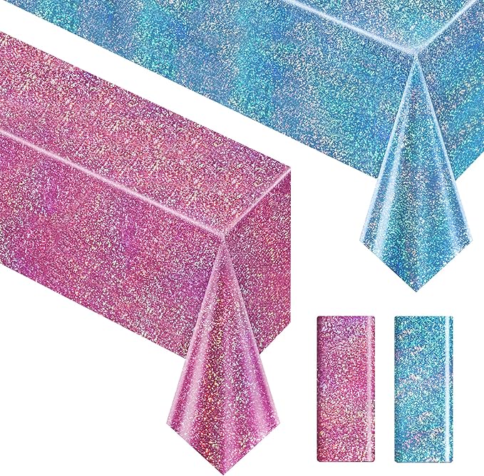 Sparkling Holographic Laser Tablecloth - Shimmering, Waterproof, Easy to Clean - Ideal for Bachelorette, Birthday, Wedding, and Anniversary Party Decorations (Pink & Light Blue, 2)