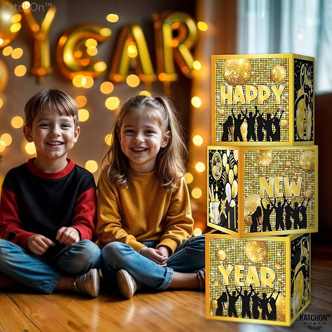 KatchOn, Happy New Years Decorations 2026 - Pack of 3 | New Year Balloon Boxes 2026 for New Years Eve Party Supplies 2026 | Black, Gold New Year Balloons and Confetti Boxes | NYE Decorations 2026