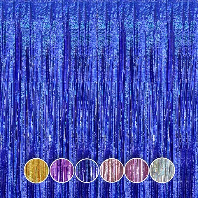 QRabbit 4 Pack Backdrop Curtains, Blue Foil Fringe Curtain Tinsel Backdrop, Party Streamers for Birthday Graduation Engagement Wedding Baby Shower Christmas Party Decorations