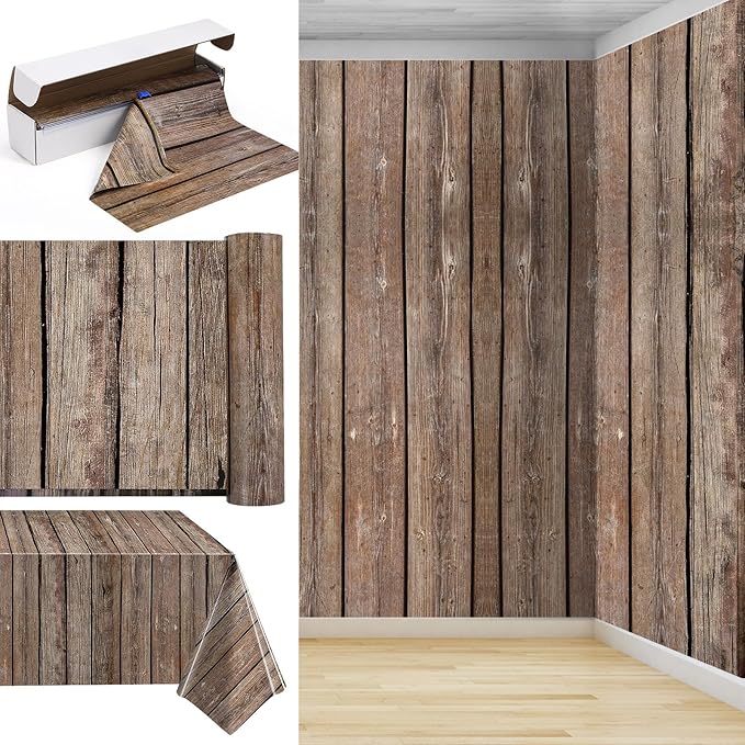 Tiamon 1 Roll Western Party Tablecloth Western Cowboy Party Table Cover Cowboy Theme Plastic Tablecloth Wild West Wood Grain Table Cover for Birthday Baby Shower Decor (54 Inch X 100ft)