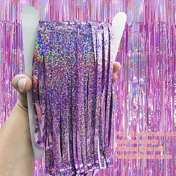 3 Pack Foil Curtain Backdrop 3.3x6.6 ft Tinsel Fringe Curtains for Parties Metallic Streamers Photo Booth Props,Wedding & Birthday,Holiday Decorations Disco,Bachelorette,Door Hanging Decor (Pink)