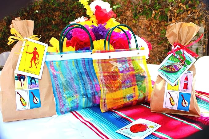 Alondra's Imports Mexican Tote Favor Bags - Candy, Mercado Mesh, Fiesta Bags (12 Pack, 10 x 7)