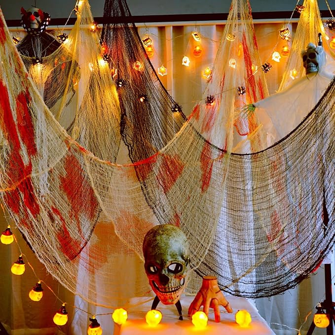 Halloween Creepy Cloth - 8 Pack (3 Black/3 White/2 Red)- 76x30 Inch Cotton Gauze Fabric - DIY Spooky Decor for Haunted House,Spider Web,Ghost - Indoor Outdoor Halloween Party Decorations